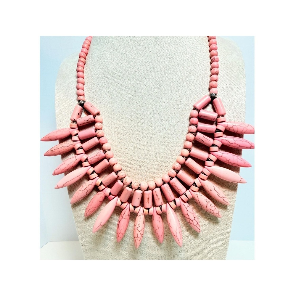 Pink Glass Bead Spike Bib Statement Necklace Gold Tone 17–20 Inch